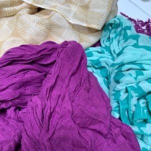 Three lightweight scarves purple aqua and beige